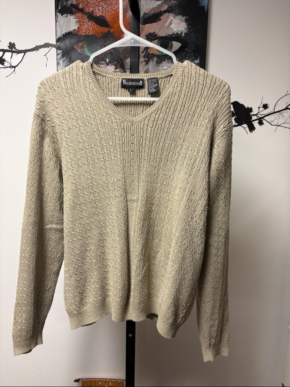 90s Cotton Wainscott V-neck Sweater in Beige Size Large